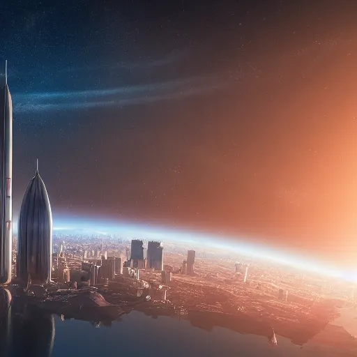 Image similar to gigantic city seen from spce with cinematic light, 8 k landscape render, space japan mech in the space