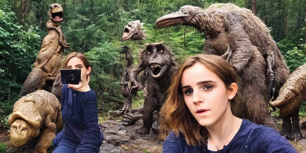 Prompt: photo, three hairy fat cave people, emma!! watson!!, looking at camera, surrounded by dinosaurs!, gigantic forest trees, sitting on rocks, bright moon, birthday cake on the ground, front close - up view of her face, selfie, jelly monster