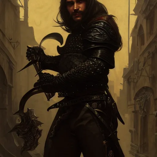 Image similar to portrait of andrei andrei as a thief wearing black leather armor and wielding a dagger in a dark alleyway, fantasy, intricate, elegant, highly detailed, digital painting, artstation, concept art, matte, sharp focus, illustration, art by roberto ferri and greg rutkowski and alphonse mucha