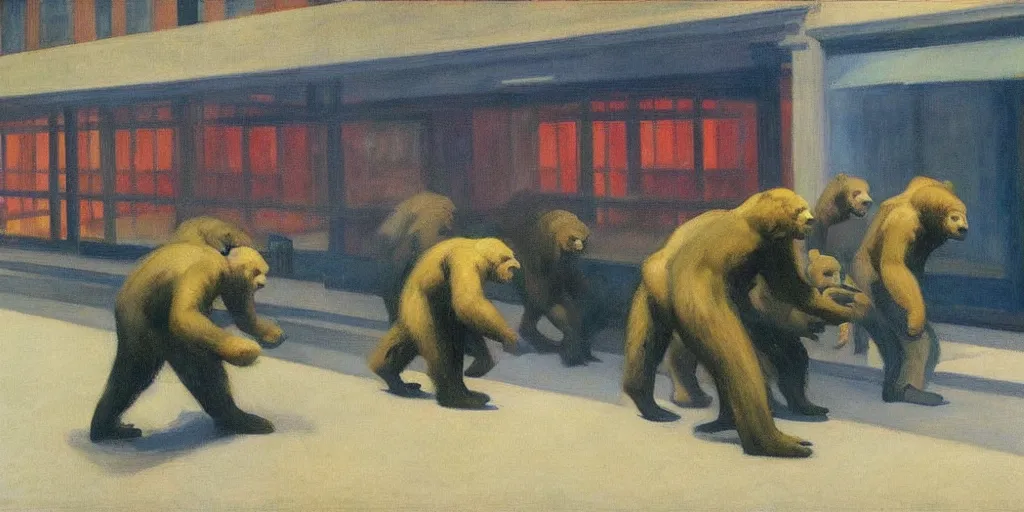 Image similar to edward hopper's painting, of a group of werebears robbing a bank, foggy