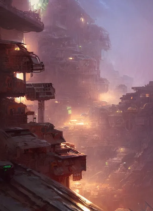 Image similar to scifi shanty favela town ship, dramatic lighting, cinematic, establishing shot, extremly high detail, photo realistic, cinematic lighting, post processed, concept art, artstation, matte painting, style by eddie mendoza, raphael lacoste, alex ross