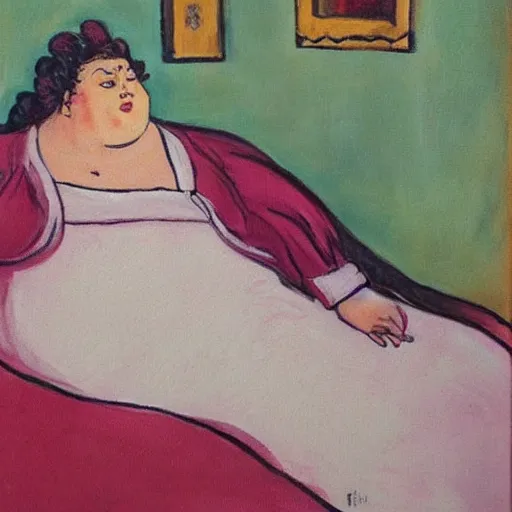 Image similar to a beautiful painting of a beautiful fat woman wearing a nightgown drinking coffee in a bed with white sheets in the style of in the style of Telous Lautrec