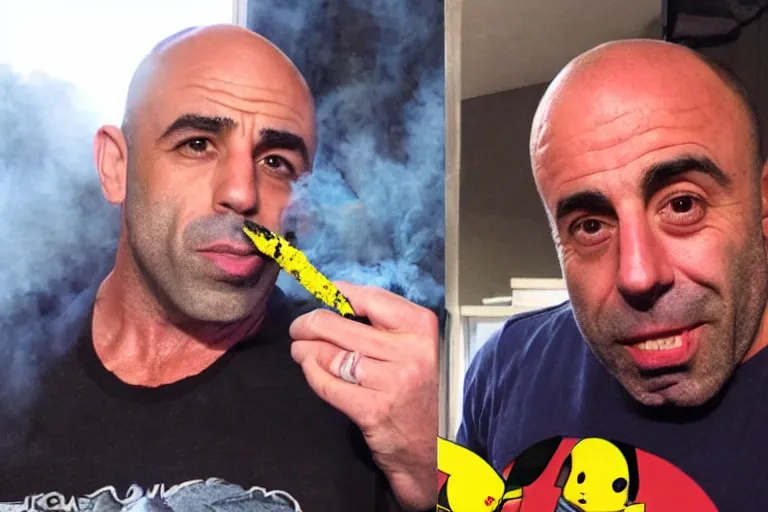 Image similar to joe rogan smoking weed with pikachu