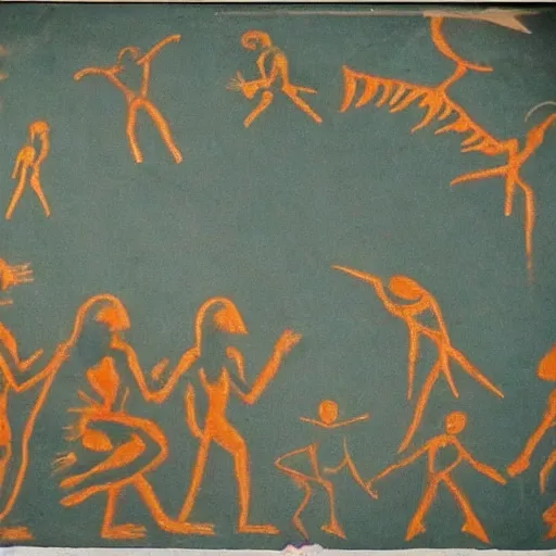 Prompt: people going into ufo ufo ufo alien, cave painting