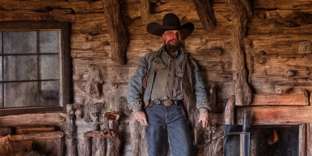 Prompt: in an old west cabin, close up shot a rugged cowboy standing at his fireplace, in the style of Fredrick Remington, oil painting