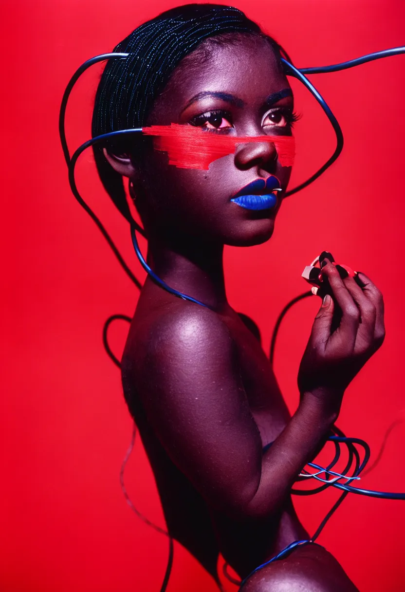 Image similar to medium shot, photograph of alluring dark skin young woman looking into camera, red lipstick, hundreds of cables and wires tightly wrapped around face and body, sharp focus,, chromatic abberations, as fashion editorial 90s, kodak ektachrome