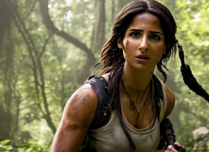 Image similar to film still of!!!! naomi scott!!! as lara croft in new tomb raider movie, 8 k