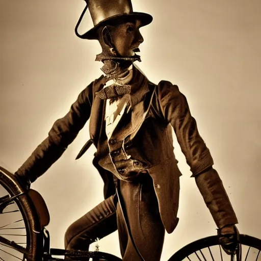 Prompt: close up portrait of a life size victorian steampunk automaton standing in with a bicycle, 8 k, soft lighting, highly detailed realistic, face in focus 1 8 9 0's liminal