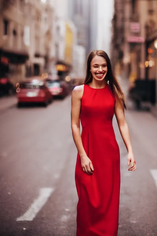 Image similar to blurry photo portrait of a smiling pretty woman in a red sleeveless dress, out of focus, city street scene