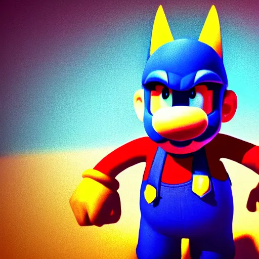 Image similar to super mario as batman, highly detailed, extremely high quality, hd, 4 k, 8 k, professional photographer, 4 0 mp, lifelike, top - rated, award winning, realistic, detailed lighting, detailed shadows, sharp, no blur, edited, corrected, trending