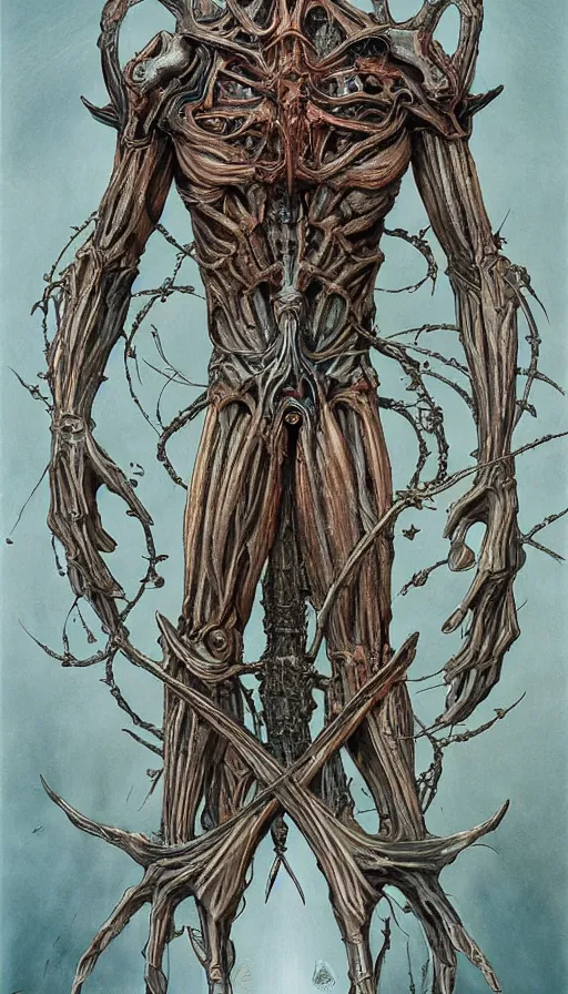 Image similar to Elden Ring and Guyver themed painting of symmetrical torso alien dissection anatomy with crossed hands concept, intricate artwork by H.R. Giger, Johnatan Wayshak, Zdizslaw Beksinski, Ayami Kojima, Amano, Karol Bak, Moebius, and Mark Brooks, Neo-Gothic, gothic, rich deep colors, art by Takato Yamamoto, masterpiece, face by Artgerm, very coherent artwork, cinematic, hyper realism, high detail, octane render, unreal engine, 8k, High contrast, golden ratio, trending on cgsociety