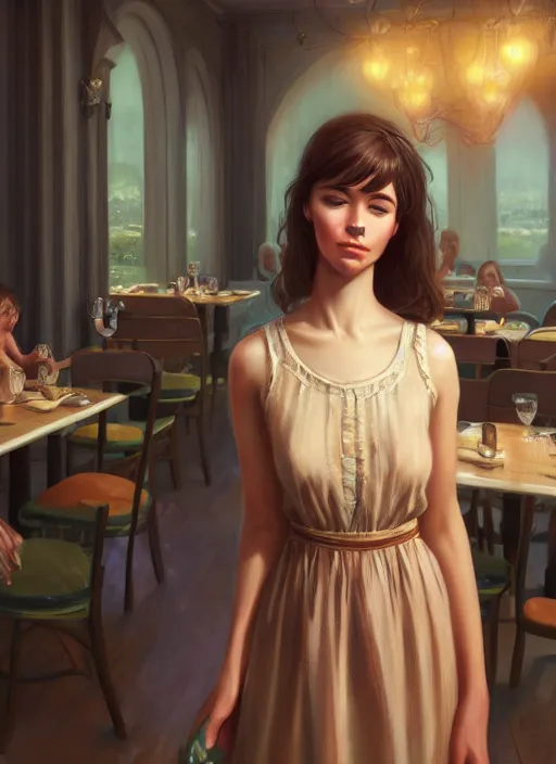 Image similar to a beautiful brown - haired girl with a summer dress in restaurant, intricate, elegant, highly detailed, digital painting, artstation, concept art, smooth, sharp focus, illustration, ethereal, misty, by ilya kuvshinov and jeremy mann, 8 k, octane render