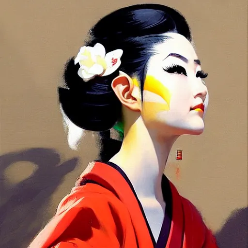 Image similar to Greg Manchess portrait painting of elf geisha in japanese robes as Overwatch character, wacky, medium shot, asymmetrical, profile picture, Organic Painting, sunny day, Matte Painting, bold shapes, hard edges, street art, trending on artstation, by Huang Guangjian and Gil Elvgren and Sachin Teng