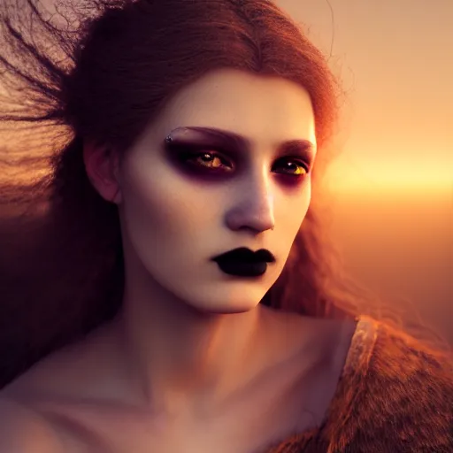 Prompt: photographic portrait of a stunningly beautiful female renaissance germanic goth pagan, in soft dreamy light at sunset, god rays, contemporary fashion shoot, by edward robert hughes, annie leibovitz and steve mccurry, david lazar, jimmy nelsson, breathtaking, 8 k resolution, extremely detailed, establishing shot, artistic, hyperrealistic, perfect face, octane render