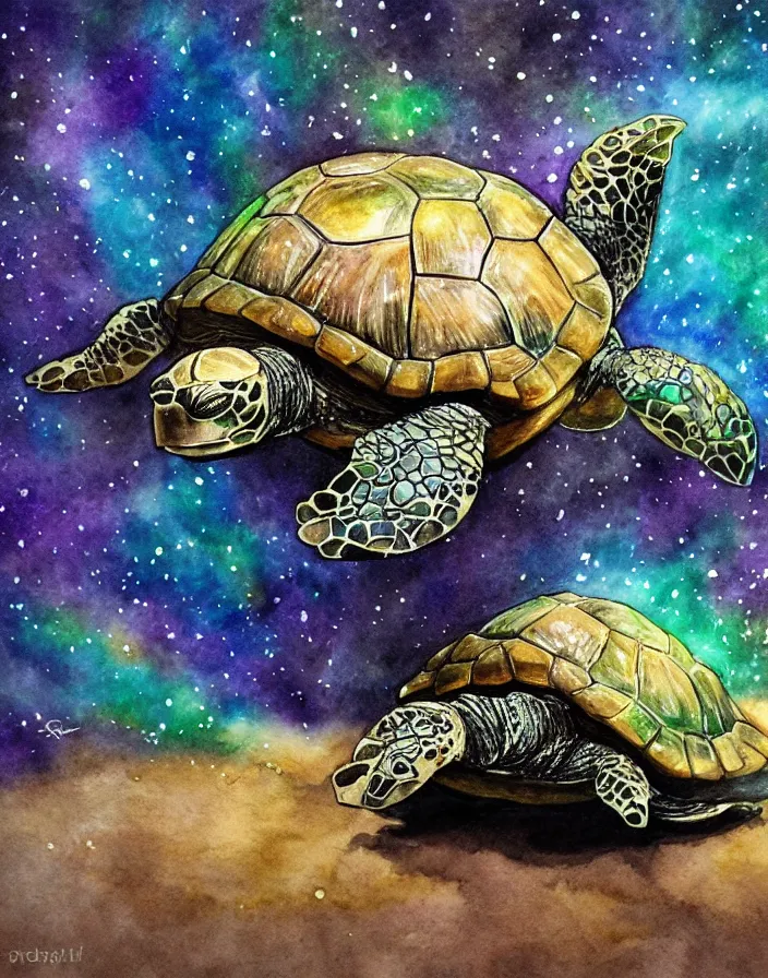 Prompt: turtle goes on a magical journey into a extraterrestrial light prism shadow rhelm, watercolor, ambient lighting, perfect contrast, ultra detailed, trending on art station