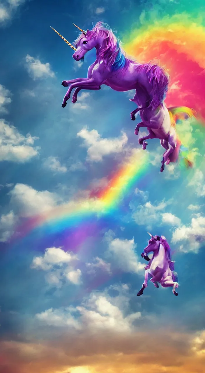 Prompt: Flying unicorn spotting rainbow, concept art, cinematic, colorful, pop