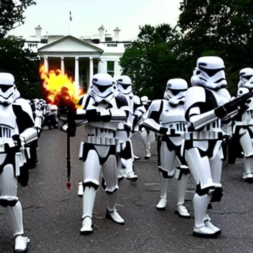 Image similar to a still candid image of hundreds of star wars stormtropers rioting in front of a the white house in washington.!!!, flaming torches and pitchforks