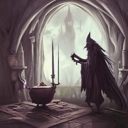 Image similar to interior witch's house with a cauldron smoking, one crow, fantasy art, in the style of greg rutkowski, illustration, epic, fantasy, cinematic, intricate, hyper detailed, artstation, concept art, smooth, sharp focus, ray tracing