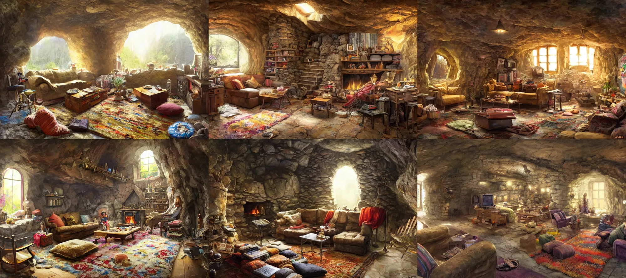 Prompt: a sweet home in an underground in a cave, rock walls, kitchen table, stove, fridge, armchairs, cosy fireplace, books on side table, colourful rug on floor by fireplace, pictures of family on wall, ,craig mullins, james gurney, detailed watercolour, texture, highly detailed, movie scene, illustrative, 4k