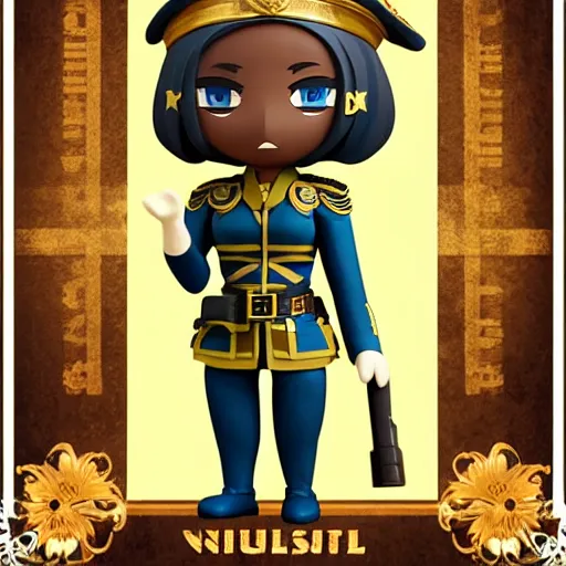 Image similar to a well built funny nendroid girl wearing a luxurious military uniform, highly detailed digital art, intricate, dark colors, cartoon lighting, 8 k