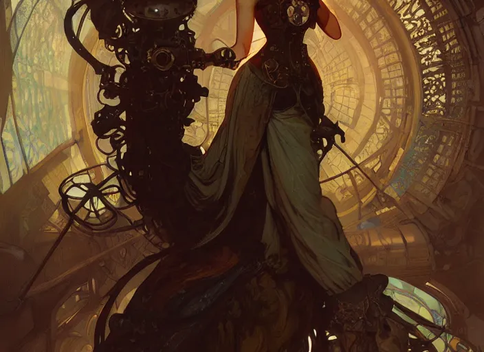 Image similar to woman model, steampunk!!! and modern, rgb, in decadent sewers, backlit, elegant, highly detailed, digital painting, artstation, concept art, smooth, sharp focus, illustration, art by krenz cushart and artem demura and alphonse mucha