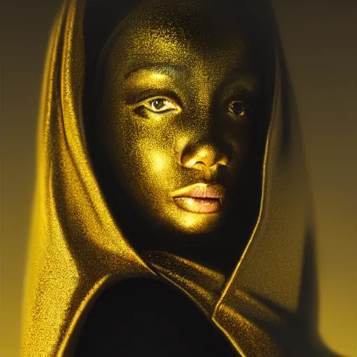 Image similar to a portrait of a young black woman wearing a long dark cloak, hood and shadows covering face, wearing shiny gold, oil painting, matte painting, black background, Volumetric Golden dappled dynamic lighting, Highly Detailed, Cinematic Lighting, Unreal Engine, 8k, HD, by Beksinski