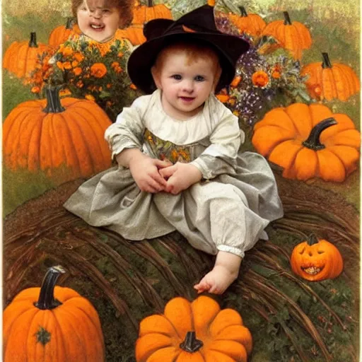 Image similar to a cute nine month old baby sitting amidst piles of pumpkins. beautiful cute highly detailed face. autumn and fall and halloween themed painting anne geddes and alphonse mucha.