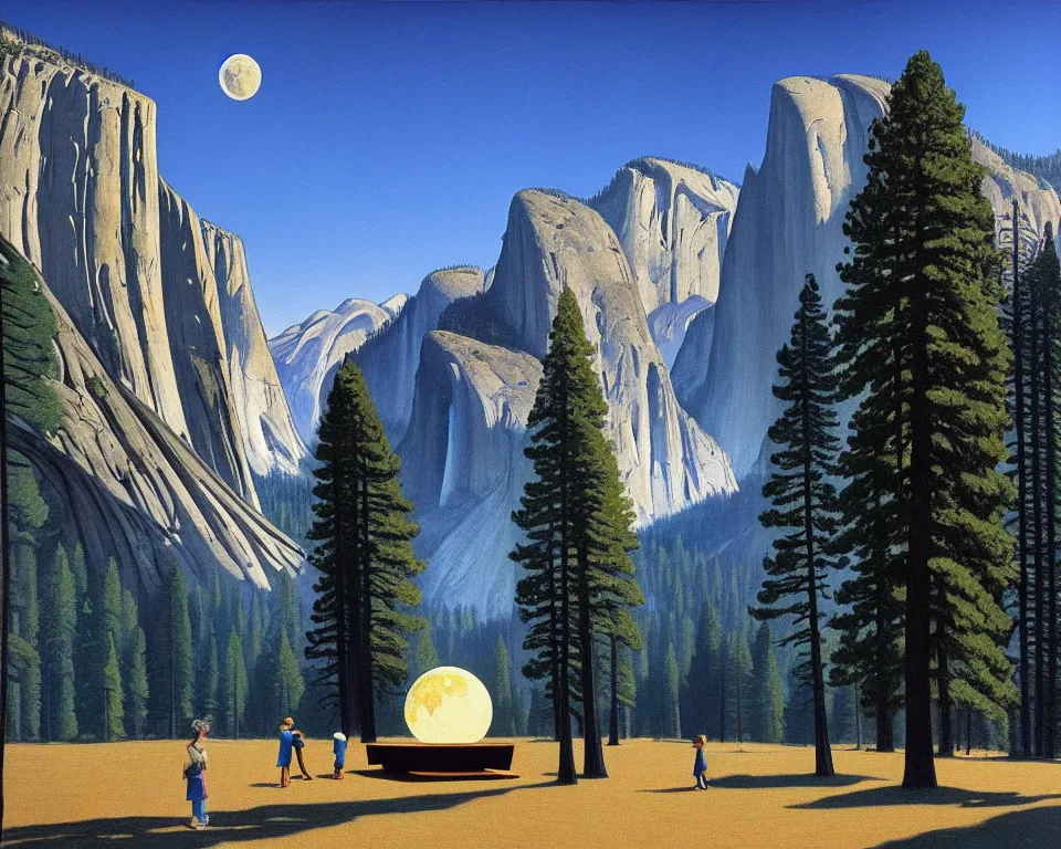 Prompt: an achingly beautiful print of the lunar module in the middle of Yosemite valley by Raphael, Hopper, and Rene Magritte. detailed, romantic, enchanting, trending on artstation.