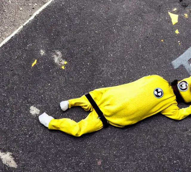 Prompt: crime scene photo of a minion lying dead on the pavement with a chalk outline around him