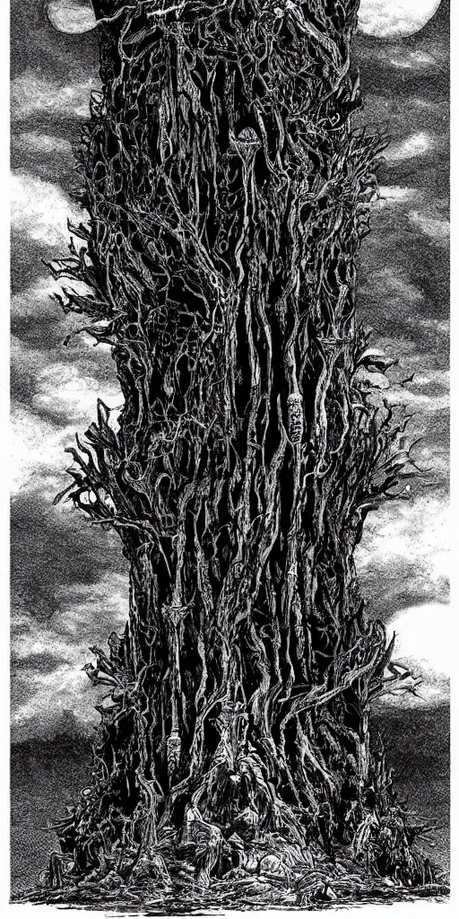 Prompt: a dark tower on a hill surrounded by a dark forest , high fantasy, drawn by Kentaro Miura