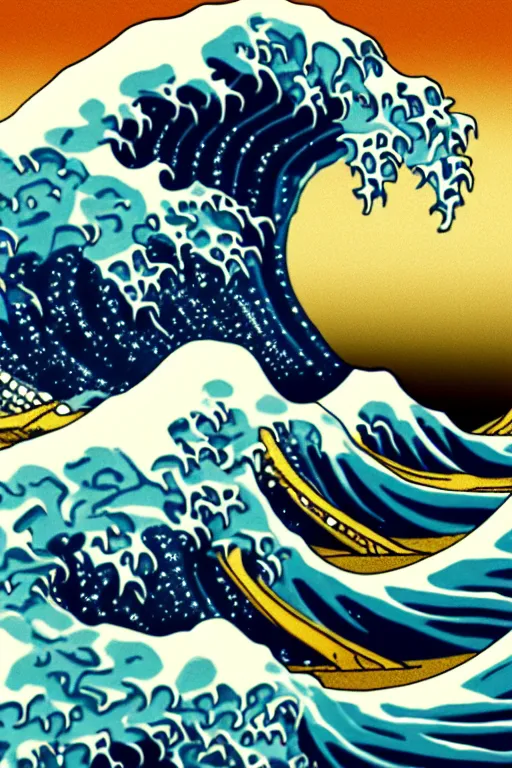 Image similar to The Great Wave off Kanagawa as a Vaporwave poster, synthwave aesthetic, highly detailed, digital painting, artstation, concept art, smooth, sharp focus, illustration