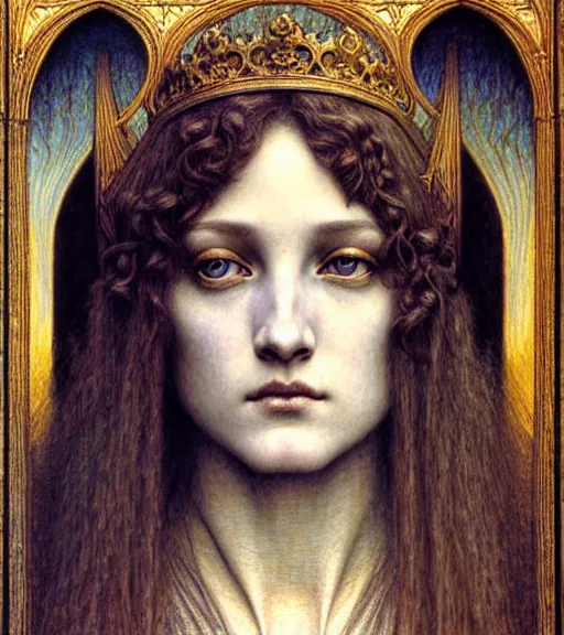 Image similar to detailed realistic beautiful young medieval queen face portrait by jean delville, gustave dore and marco mazzoni, art nouveau, symbolist, visionary, gothic, pre - raphaelite. horizontal symmetry