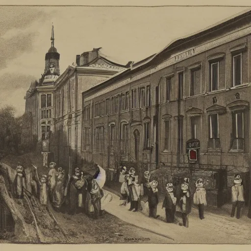 Prompt: by william henry hunt ornamented. the experimental art of a police station in the lithuanian city of vilnius. in the foreground, a group of policemen are standing in front of the building, while in the background a busy street can be seen.