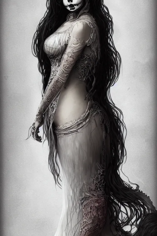 Prompt: ultra realist and ultra intricate detailed character concept art of a beautiful slim but curvy muerte girl in a long dress, thin lustrous hair, symmetry features, sensual gloomy style, soft painting, volumetric light and fog, fantasy background, artstation, Tom Bagshaw artstyle, unreal render