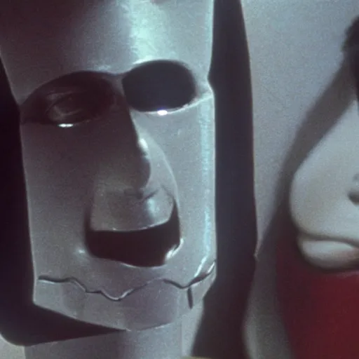 Image similar to possession (1981) movie still, still, robot head and man head,