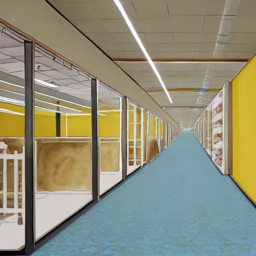 Image similar to watercolor image of a space which resembles the back rooms of a retail outlet, spanning approximately 600 million square miles. All rooms throughout Level 0 share the same superficial aspects: mono-yellow wallpaper, old moist carpet, and inconsistently placed fluorescent lighting. Beyond these main features, no two rooms are identical. 4k, hd, photorealistic
