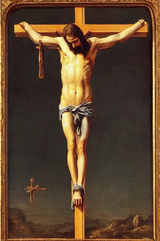 Image similar to “ garfield the cat on the cross in the painting ‘ christ crucified ’ by diego velazquez ”