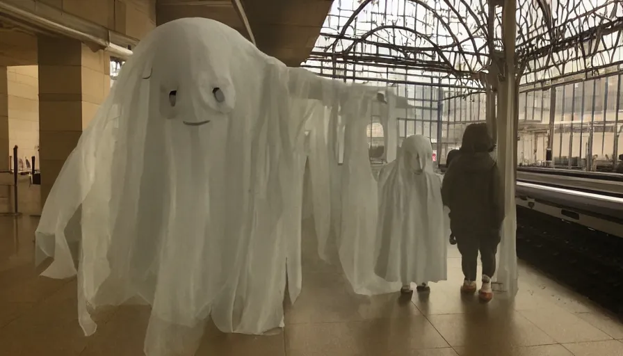 Prompt: a scary looking but very friendly transparent ghost at a Chicago train station in the style of a ghibli movie