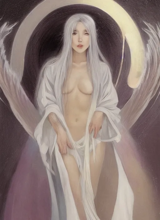 Prompt: thin angel with silver hair so pale and wan!, wearing robes, covered in robes, anime goddess manga, flowing hair, pale skin, young cute face, covered!!, clothed! oil on canvas, style of lucien levy - dhurmer and jean deville, 4 k resolution, aesthetic!, mystery