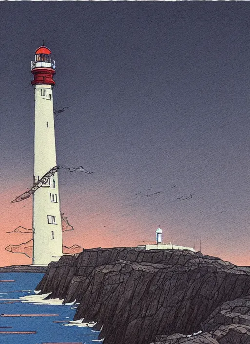 Image similar to a painting of a lighthouse on top of a mountain, concept art by moebius, featured on deviantart, shin - hanga, concept art, official art, high detailed