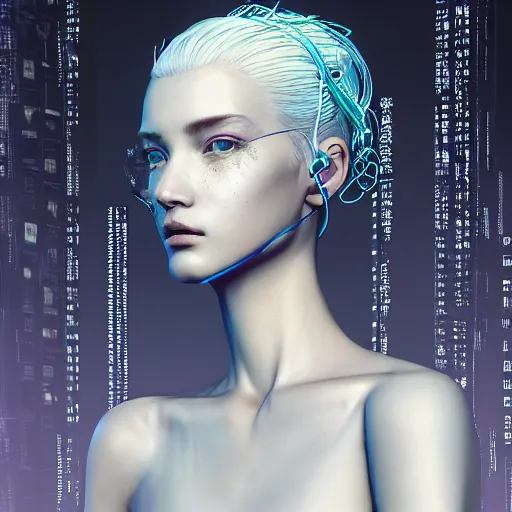 Image similar to the portrait of an absurdly beautiful, graceful, sophisticated, fashionable cyberpunk gravure idol, an ultrafine hyperdetailed illustration by kim jung gi, irakli nadar, matt wisniewski, intricate linework, iridescent wiring, porcelain skin, unreal engine 5 highly rendered, global illumination, radiant light, detailed and intricate environment