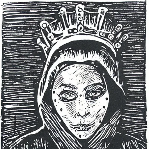 Image similar to queen elizabeth as masked thief, lino print