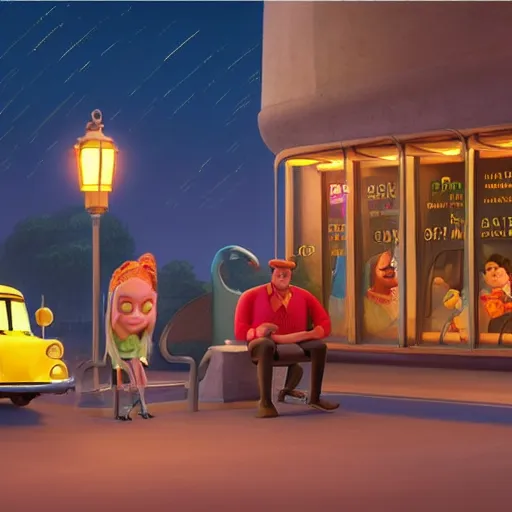 Prompt: a some people waiting in a lone bus stop in quiet dark city night in Disney Pixar's Up,detailed