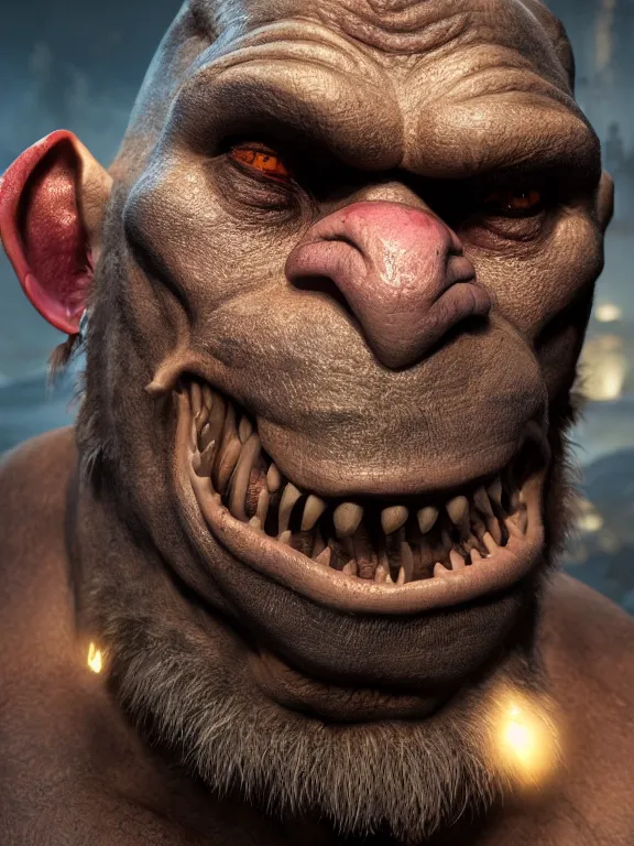 Image similar to portrait art of an orc using a (((((banana as a phone))))), 8k ultra realistic , lens flare, atmosphere, glow, detailed, intricate, full of colour, cinematic lighting, trending on artstation, 4k, hyperrealistic, focused, extreme details, unreal engine 5, cinematic, masterpiece
