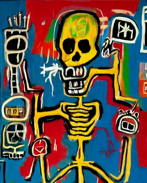 Prompt: oil neo expressionism painting of skull skeleton playing video games by basquiat