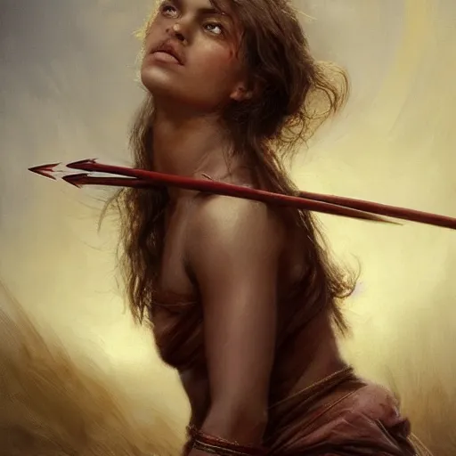 Image similar to artstation concept of a beautiful girl holding a bow and arrow, brown skin, sweaty skin, symmetrical face, casual white garment, white desert background, shiny colorful, hyperdetailed, artstation trending, world renowned artists, worth1000.com, cgsociety, by greg rutkowski, by Gustave Doré, Deviantart