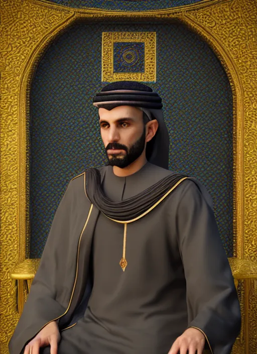 Image similar to portrait of sheikh mohammad ruler of dubai, argonian, head and torso only, cinematic lighting, studio quality, smooth render, unreal engine 5 rendered, octane rendered, art style by klimt and nixeu and ian sprigger and wlop and krenz cushart.