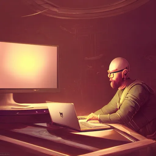 Image similar to realistic man using laptop in gaming room, artstation trends, sci fi concept art, highly detailed, intricate, sharp focus, digital art, 8 k