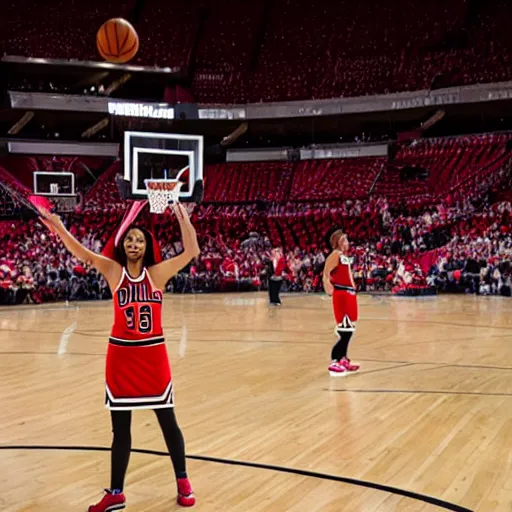 Image similar to woman plying basketball on court in a chicago bulls jersey at the united center