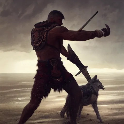 Image similar to an spartan man fighting with an wolf on a beach, Matte painting , detailed painting, made by Greg Rutkowski, 4k, atmospheric